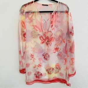 Elie Tahari Sheer Silk Cover Up Floral Tunic Beach Resort Boho Top